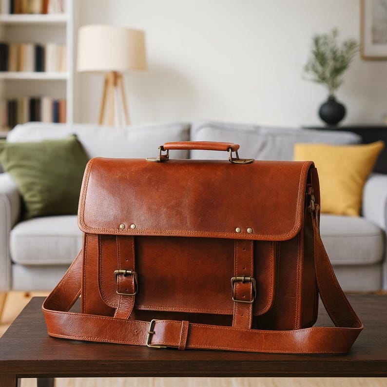 Full Grain Leather Satchel Bag, Mens Leather Laptop Bag, Vintage Messenger Briefcase, Handmade Crossbody Work Bag