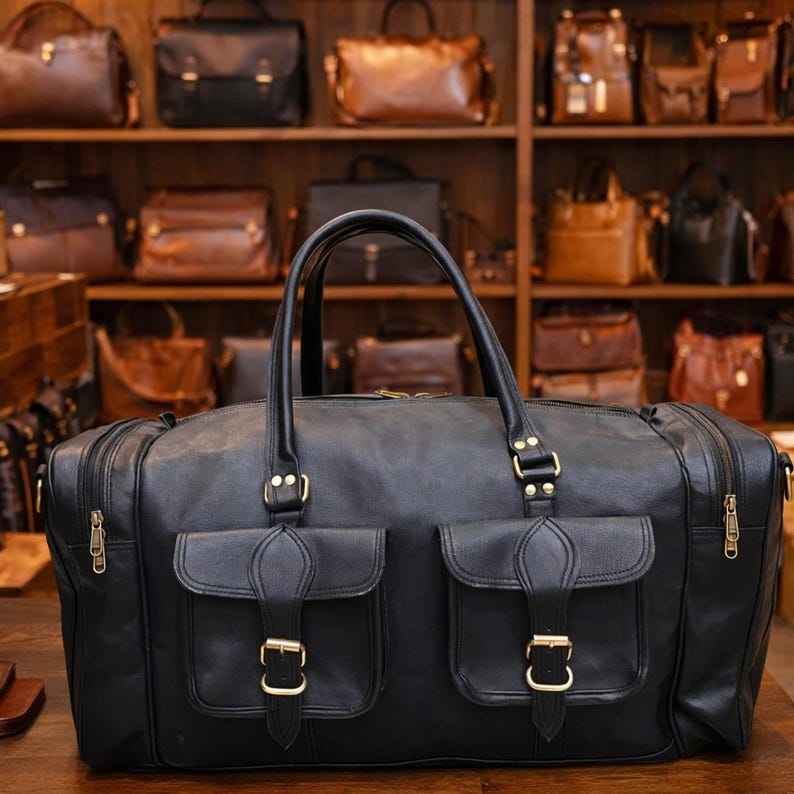 Black Leather Duffle Bag for Men, Handmade Travel Weekender Bag , Vintage Gym Overnight Bag, Full Grain Leather
