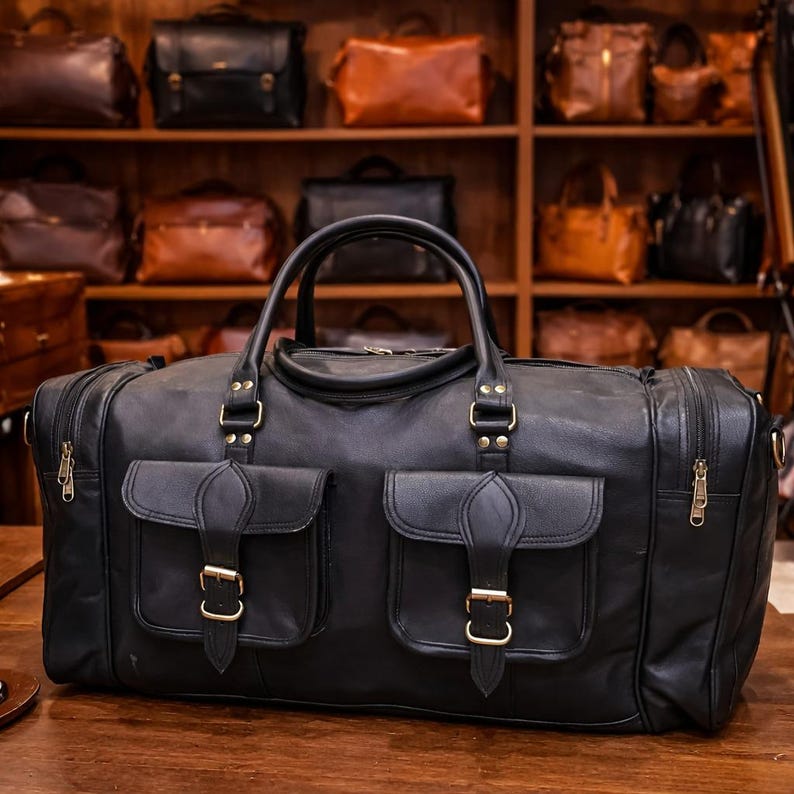 Black Leather Duffle Bag for Men, Handmade Travel Weekender Bag , Vintage Gym Overnight Bag, Full Grain Leather