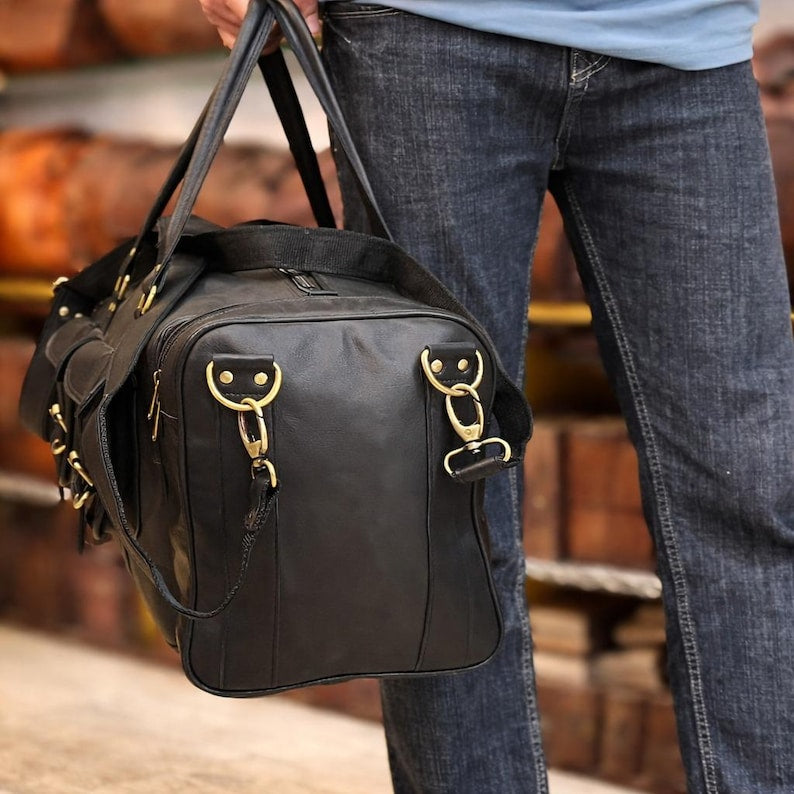 Black Leather Duffle Bag for Men, Handmade Travel Weekender Bag , Vintage Gym Overnight Bag, Full Grain Leather