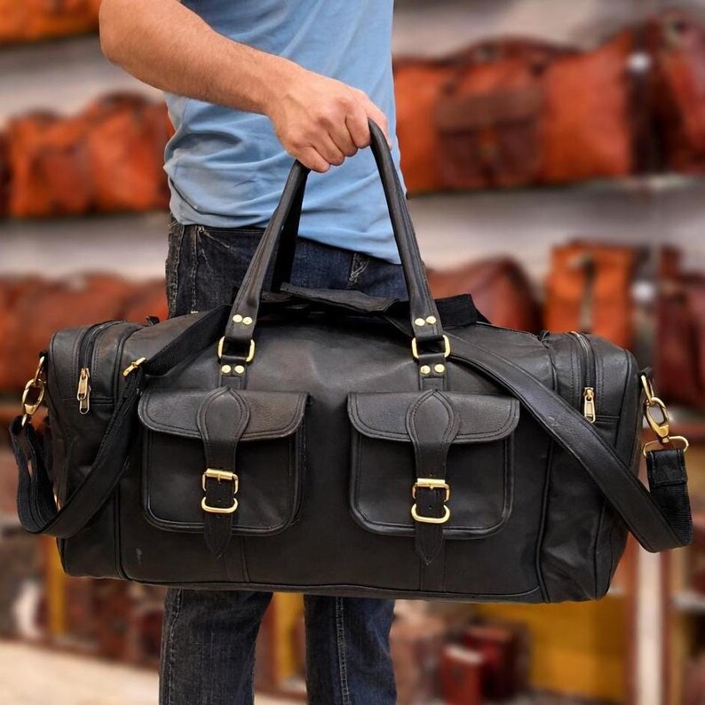 Black Leather Duffle Bag for Men, Handmade Travel Weekender Bag , Vintage Gym Overnight Bag, Full Grain Leather