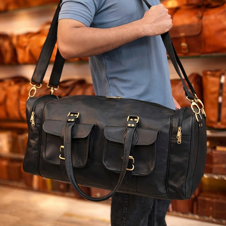 Black Leather Duffle Bag for Men, Handmade Travel Weekender Bag , Vintage Gym Overnight Bag, Full Grain Leather